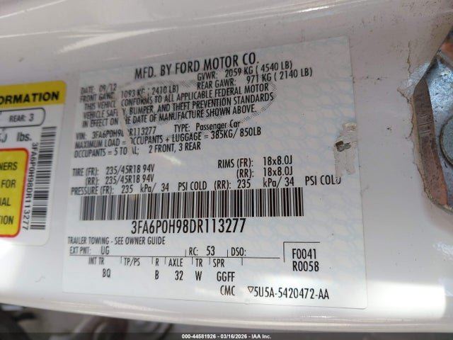 Продажа на аукционе авто 2013 Ford Fusion Se, vin: 3FA6P0H98DR113277, номер лота: 44581926