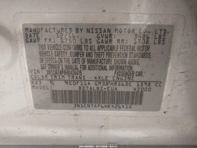 3N1CN7AP6HK426415 Nissan Versa 1.6 Sv
