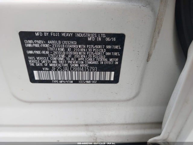 44582104 :رقم المزاد ، JF2SJALC8HH415793 vin ، 2017 Subaru Forester 2.5i Limited مزاد بيع