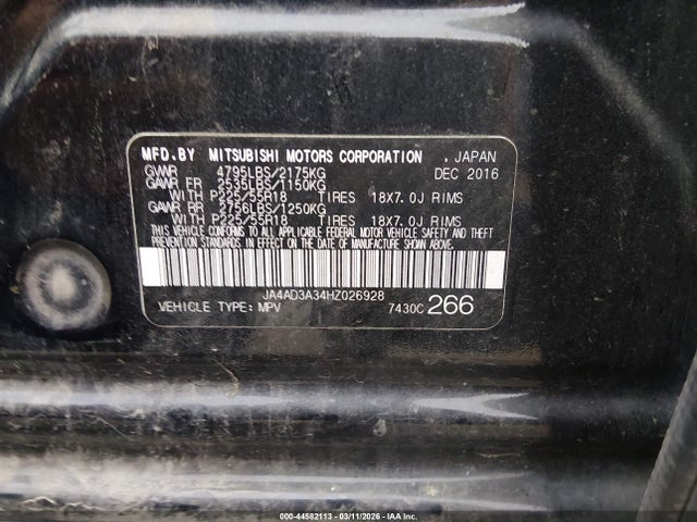 44582113 :رقم المزاد ، JA4AD3A34HZ026928 vin ، 2017 Mitsubishi Outlander Se مزاد بيع