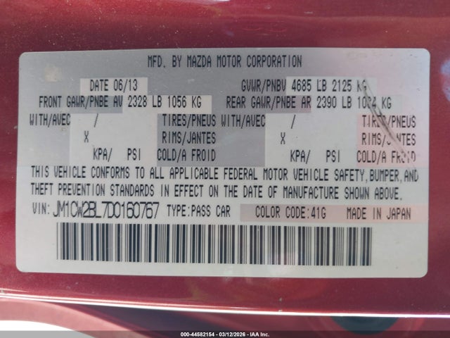 44582154 :رقم المزاد ، JM1CW2BL7D0160767 vin ، 2013 Mazda Mazda5 Sport مزاد بيع