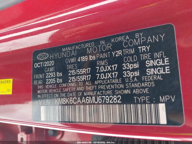 44582156 :رقم المزاد ، KM8K6CAA6MU679282 vin ، 2021 Hyundai Kona Sel Plus مزاد بيع