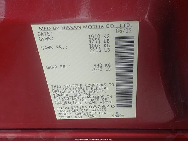 Продаж на аукціоні авто 2015 Nissan Altima 2.5 S, vin: 1N4AL3AP2FN882640, номер лоту: 44582163
