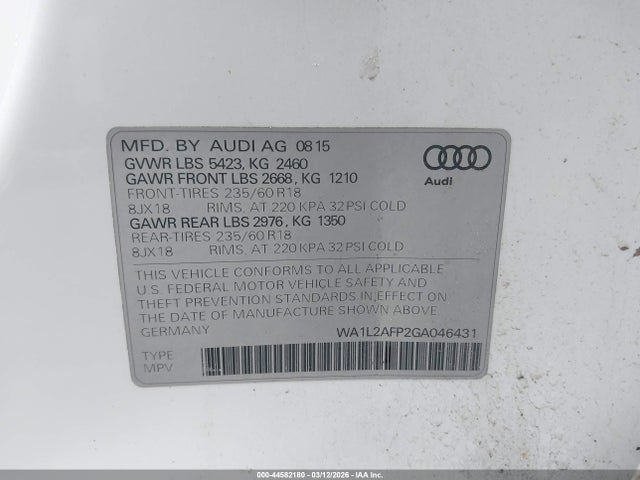Aukcja sprzedaży 2016 Audi Q5 2.0t Premium, vin: WA1L2AFP2GA046431, numer aukcji: 44582180