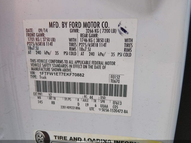 2014 Ford F-150 Fx4 მანქანა იყიდება აუქციონზე, vin: 1FTFW1ET7EKF70882, აუქციონის ნომერი: 44582183