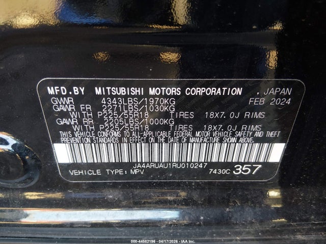 Aukcja sprzedaży 2024 Mitsubishi Outlander Sport 2.0 Se Awc, vin: JA4ARUAU1RU010247, numer aukcji: 44582196