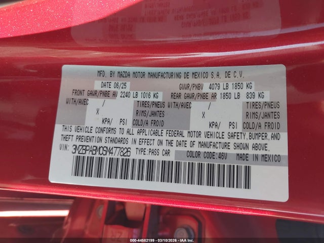 44582199 :رقم المزاد ، 3MZBPABM0SM477826 vin ، 2025 Mazda Mazda3 2.5 S Select Sport مزاد بيع