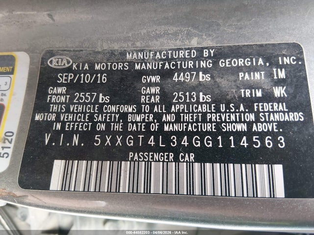 44582203 :رقم المزاد ، 5XXGT4L34GG114563 vin ، 2016 Kia Optima Lx مزاد بيع