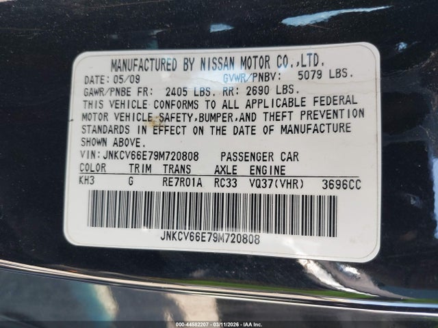 2009 Infiniti G37 მანქანა იყიდება აუქციონზე, vin: JNKCV66E79M720808, აუქციონის ნომერი: 44582207
