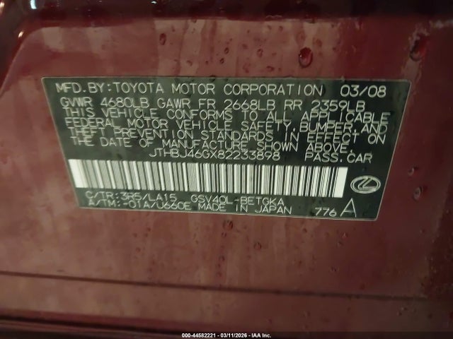 Aukcja sprzedaży 2008 Lexus Es 350, vin: JTHBJ46GX82233898, numer aukcji: 44582221