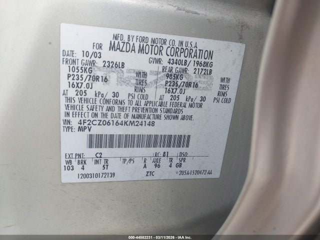 Продаж на аукціоні авто 2004 Mazda Tribute Es V6, vin: 4F2CZ06164KM24148, номер лоту: 44582231