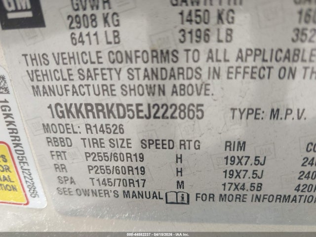 Продаж на аукціоні авто 2014 Gmc Acadia Slt-1, vin: 1GKKRRKD5EJ222865, номер лоту: 44582237