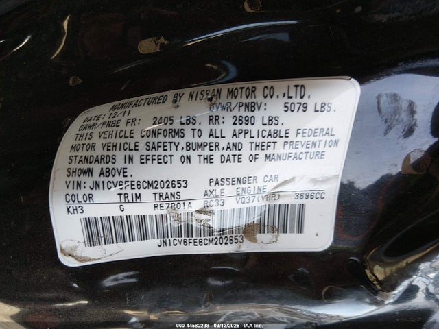 Aukcja sprzedaży 2012 Infiniti G37, vin: JN1CV6FE6CM202653, numer aukcji: 44582238