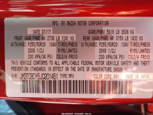 44582246 :رقم المزاد ، JM3TCBDY5J0201451 vin ، 2018 Mazda Cx-9 Grand Touring مزاد بيع