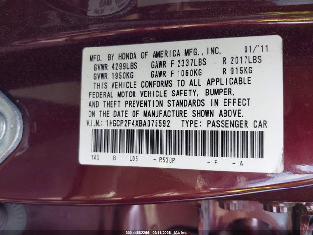 Auction sale of the 2011 Honda Accord 2.4 Lx-p, vin: 1HGCP2F4XBA075592, lot number: 44582266