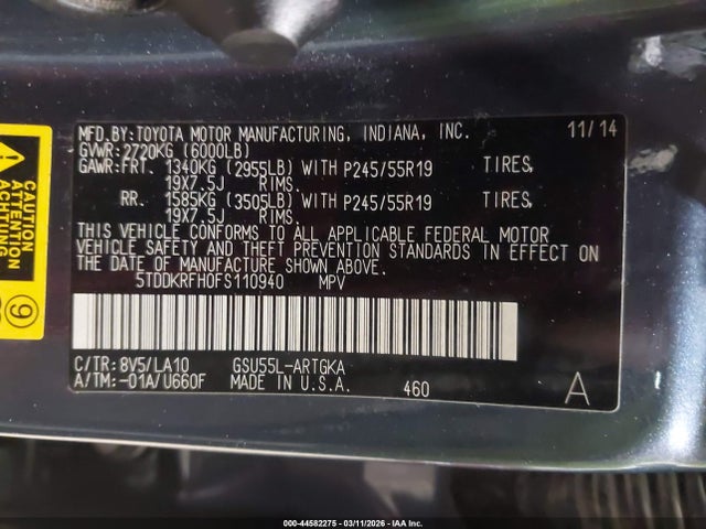 5TDDKRFH0FS110940 Toyota Highlander Limited Platinum V6