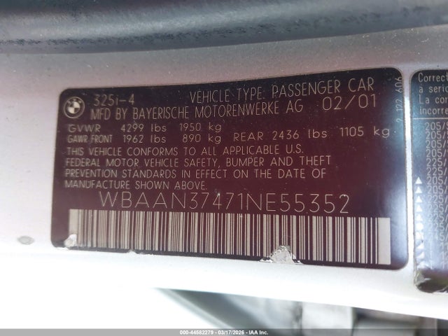 Продаж на аукціоні авто 2001 Bmw 325i, vin: WBAAN37471NE55352, номер лоту: 44582279