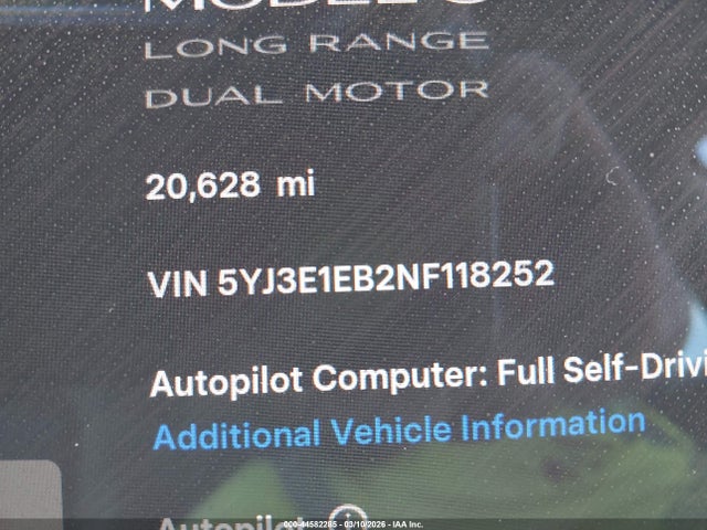 44582285 :رقم المزاد ، 5YJ3E1EB2NF118252 vin ، 2022 Tesla Model 3 Long Range Dual Motor All-wheel Drive مزاد بيع