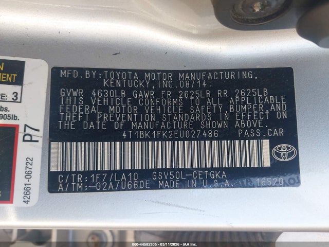 Toyota Camry Xle V6 2014 4T1BK1FK2EU027486 Image 9