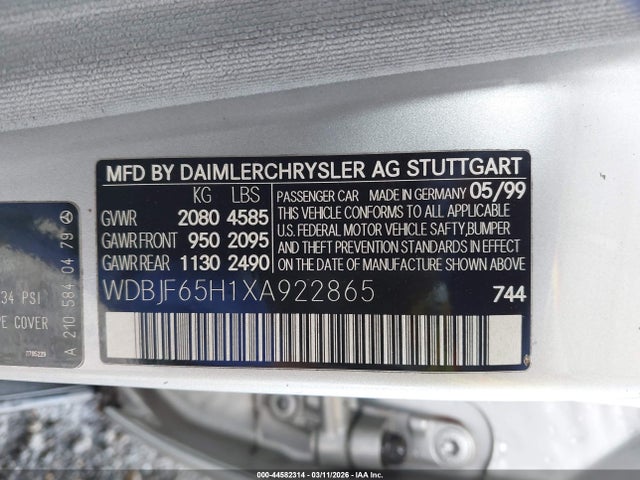 44582314 :رقم المزاد ، WDBJF65H1XA922865 vin ، 1999 Mercedes-benz E 320 مزاد بيع