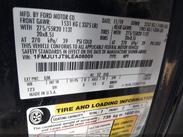 2020 Ford Expedition Xlt მანქანა იყიდება აუქციონზე, vin: 1FMJU1JT9LEA08009, აუქციონის ნომერი: 44582337