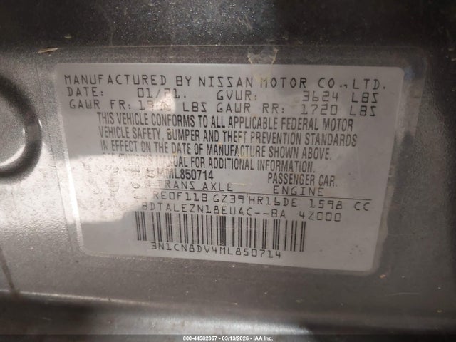 Aukcja sprzedaży 2021 Nissan Versa S Xtronic Cvt, vin: 3N1CN8DV4ML850714, numer aukcji: 44582367