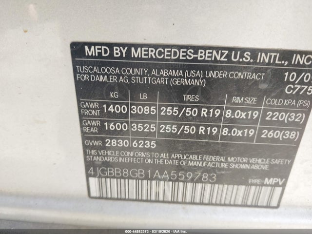 2010 Mercedes-benz Ml 350 4matic მანქანა იყიდება აუქციონზე, vin: 4JGBB8GB1AA559783, აუქციონის ნომერი: 44582373