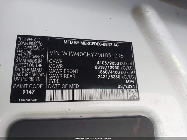 Продажа на аукционе авто 2021 Mercedes-benz Sprinter 2500 High Roof I4, vin: W1W40CHY7MT051095, номер лота: 44582404