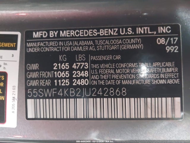 2018 Mercedes-benz C 300 4matic მანქანა იყიდება აუქციონზე, vin: 55SWF4KB2JU242868, აუქციონის ნომერი: 44582405