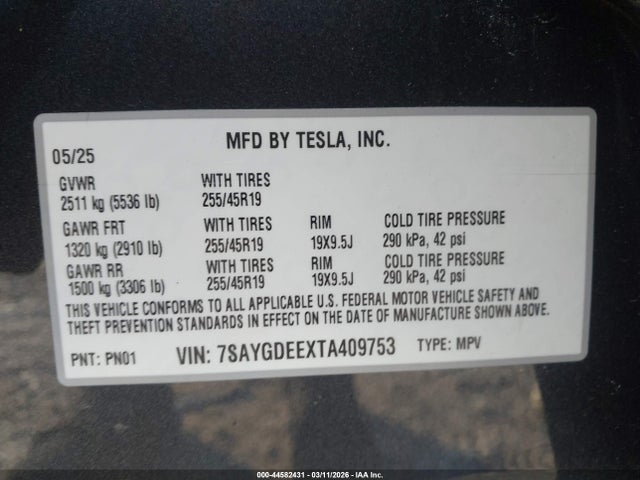 2026 Tesla Model Y Long Range Launch Series/premium All-wheel Drive მანქანა იყიდება აუქციონზე, vin: 7SAYGDEEXTA409753, აუქციონის ნომერი: 44582431
