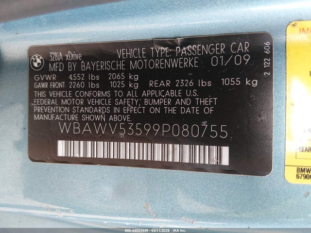 44582448 :رقم المزاد ، WBAWV53599P080755 vin ، 2009 Bmw 328i Xdrive مزاد بيع