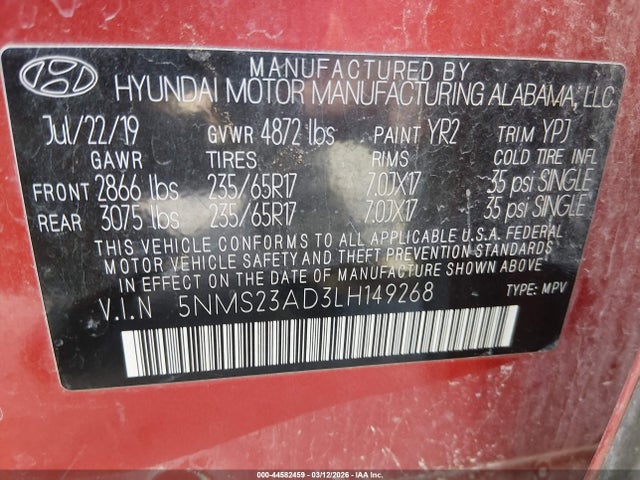 44582459 :رقم المزاد ، 5NMS23AD3LH149268 vin ، 2020 Hyundai Santa Fe Se مزاد بيع
