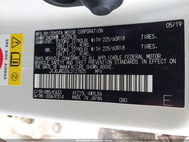 Aukcja sprzedaży 2020 Lexus Nx 300h, vin: JTJGJRDZ6L2127835, numer aukcji: 44582460