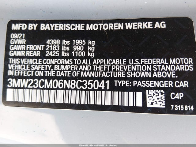 Продажа на аукционе авто 2022 Bmw 230 I, vin: 3MW23CM06N8C35041, номер лота: 44582464