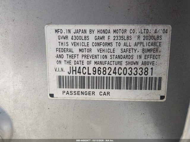 44582477 :رقم المزاد ، JH4CL96824C033381 vin ، 2004 Acura Tsx مزاد بيع