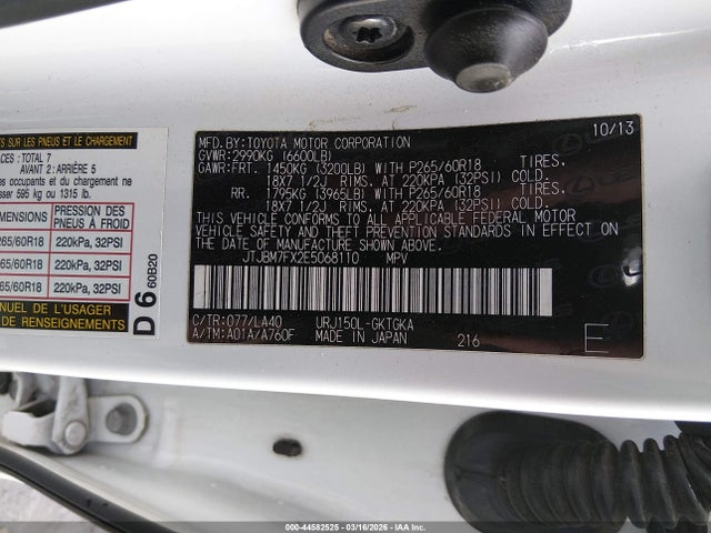 44582525 :رقم المزاد ، JTJBM7FX2E5068110 vin ، 2014 Lexus Gx 460 مزاد بيع