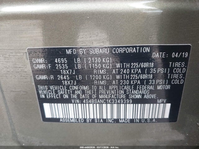 44582539 :رقم المزاد ، 4S4BSANC1K3349399 vin ، 2019 Subaru Outback 2.5i Limited مزاد بيع