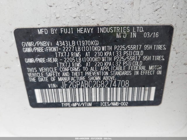 44582556 :رقم المزاد ، JF2GPABC2G8274708 vin ، 2016 Subaru Crosstrek 2.0i Premium مزاد بيع