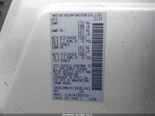 Продажа на аукционе авто 2015 Infiniti Qx60, vin: 5N1AL0MN1FC508241, номер лота: 44582568