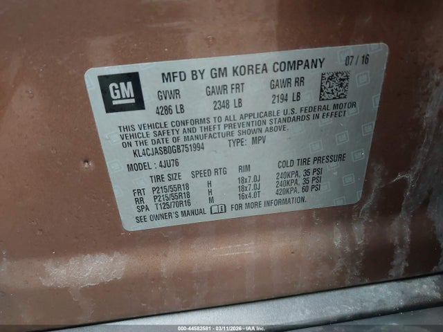 Продаж на аукціоні авто 2016 Buick Encore, vin: KL4CJASB0GB751994, номер лоту: 44582581