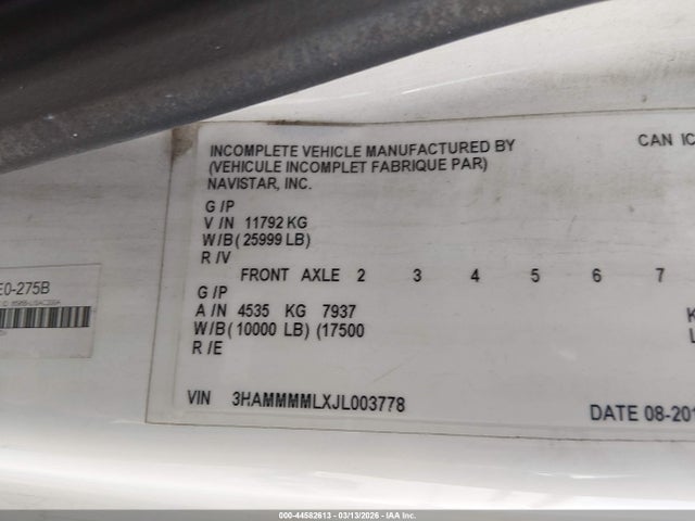 2018 International Durastar 4300 მანქანა იყიდება აუქციონზე, vin: 3HAMMMMLXJL003778, აუქციონის ნომერი: 44582613