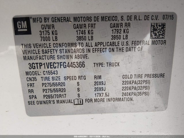 Продаж на аукціоні авто 2015 Gmc Sierra 1500 Slt, vin: 3GTP1VEC7FG445366, номер лоту: 44582661
