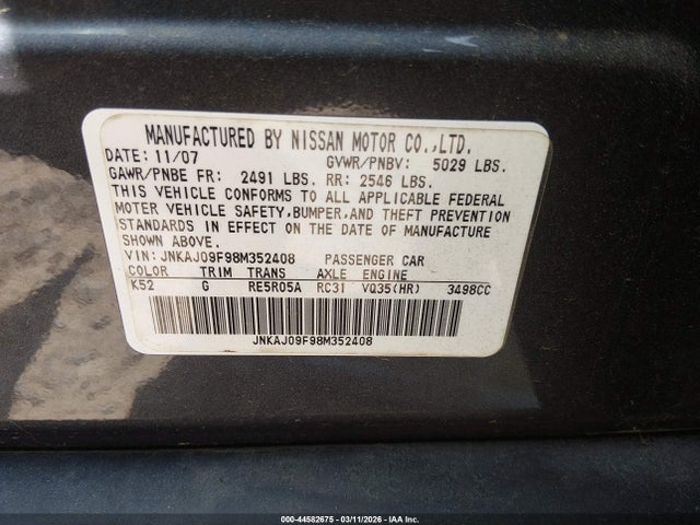 Aukcja sprzedaży 2008 Infiniti Ex35 Journey, vin: JNKAJ09F98M352408, numer aukcji: 44582675