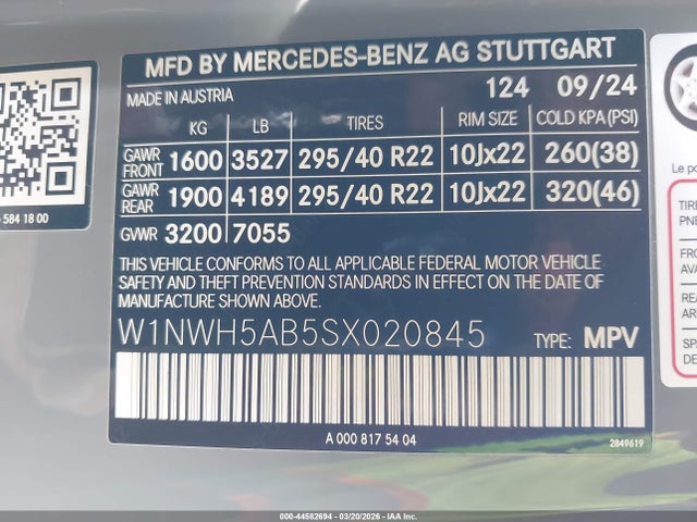 Aukcja sprzedaży 2025 Mercedes-benz Amg G 63, vin: W1NWH5AB5SX020845, numer aukcji: 44582694