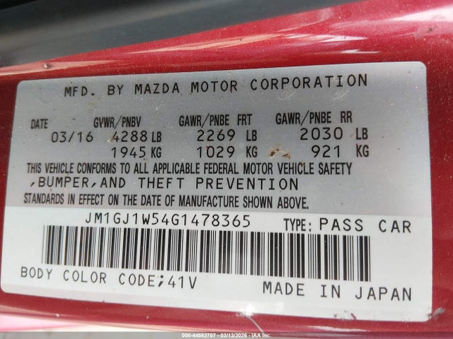 Aukcja sprzedaży 2016 Mazda Mazda6 I Grand Touring, vin: JM1GJ1W54G1478365, numer aukcji: 44582707