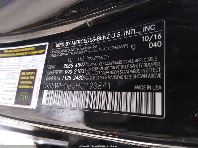 2017 Mercedes-benz C 300 მანქანა იყიდება აუქციონზე, vin: 55SWF4JB5HU193841, აუქციონის ნომერი: 44582715