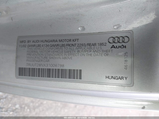 Продажа на аукционе авто 2003 Audi Tt 1.8l, vin: TRUUT28NX31006798, номер лота: 44582728