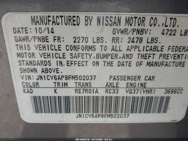 Продаж на аукціоні авто 2015 Infiniti Q40, vin: JN1CV6AP9FM502037, номер лоту: 44582736