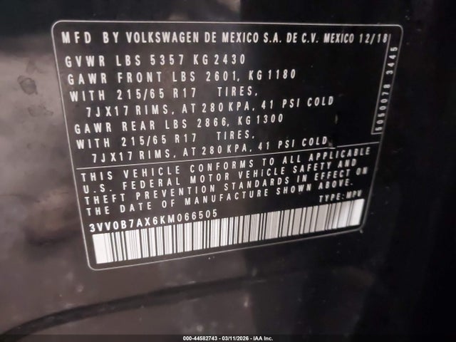 Продаж на аукціоні авто 2019 Volkswagen Tiguan 2.0t S, vin: 3VV0B7AX6KM066505, номер лоту: 44582743