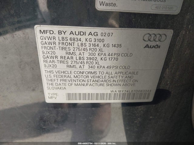 2007 Audi Q7 3.6 Premium მანქანა იყიდება აუქციონზე, vin: WA1BY74L07D083344, აუქციონის ნომერი: 44582754